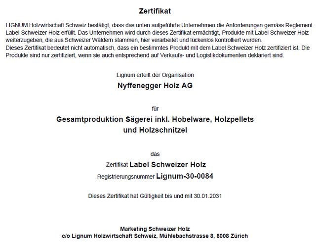 Zertifikat Schweizer Holz