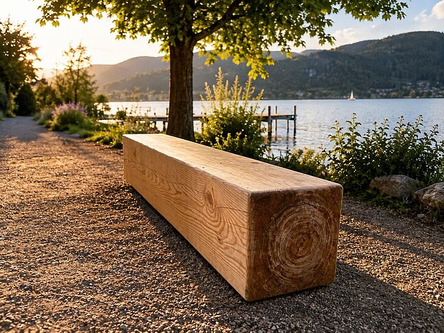 Holzbank auf Schnitzelplatz am See