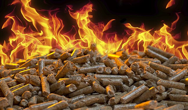 Holzpellets im Feuer