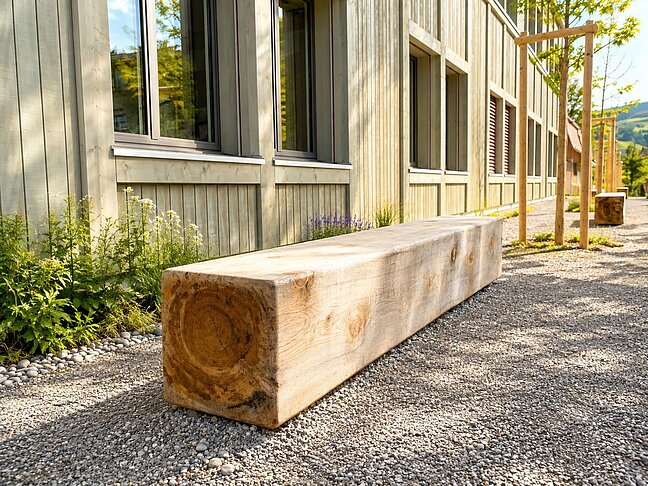 Holzbank auf Kiesplatz vor einem Gebäude